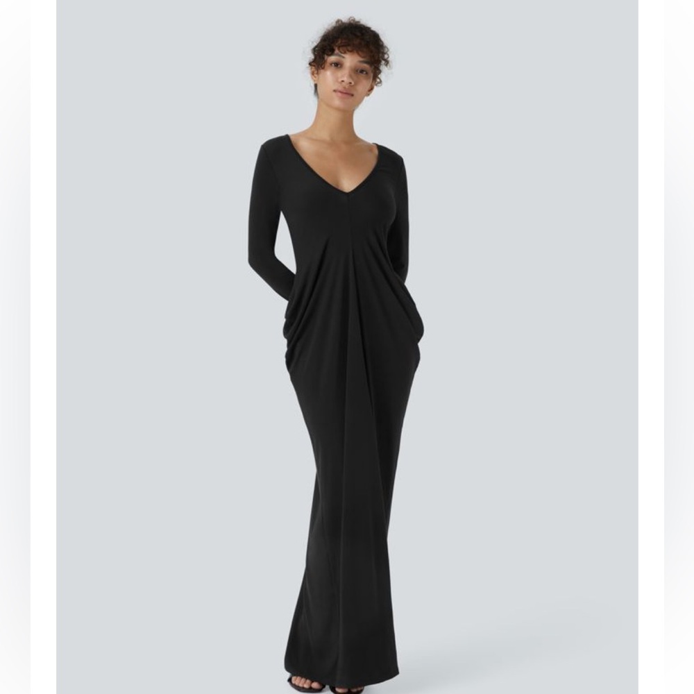 HALARA Elegant Black V-Neck Long Sleeve Dress